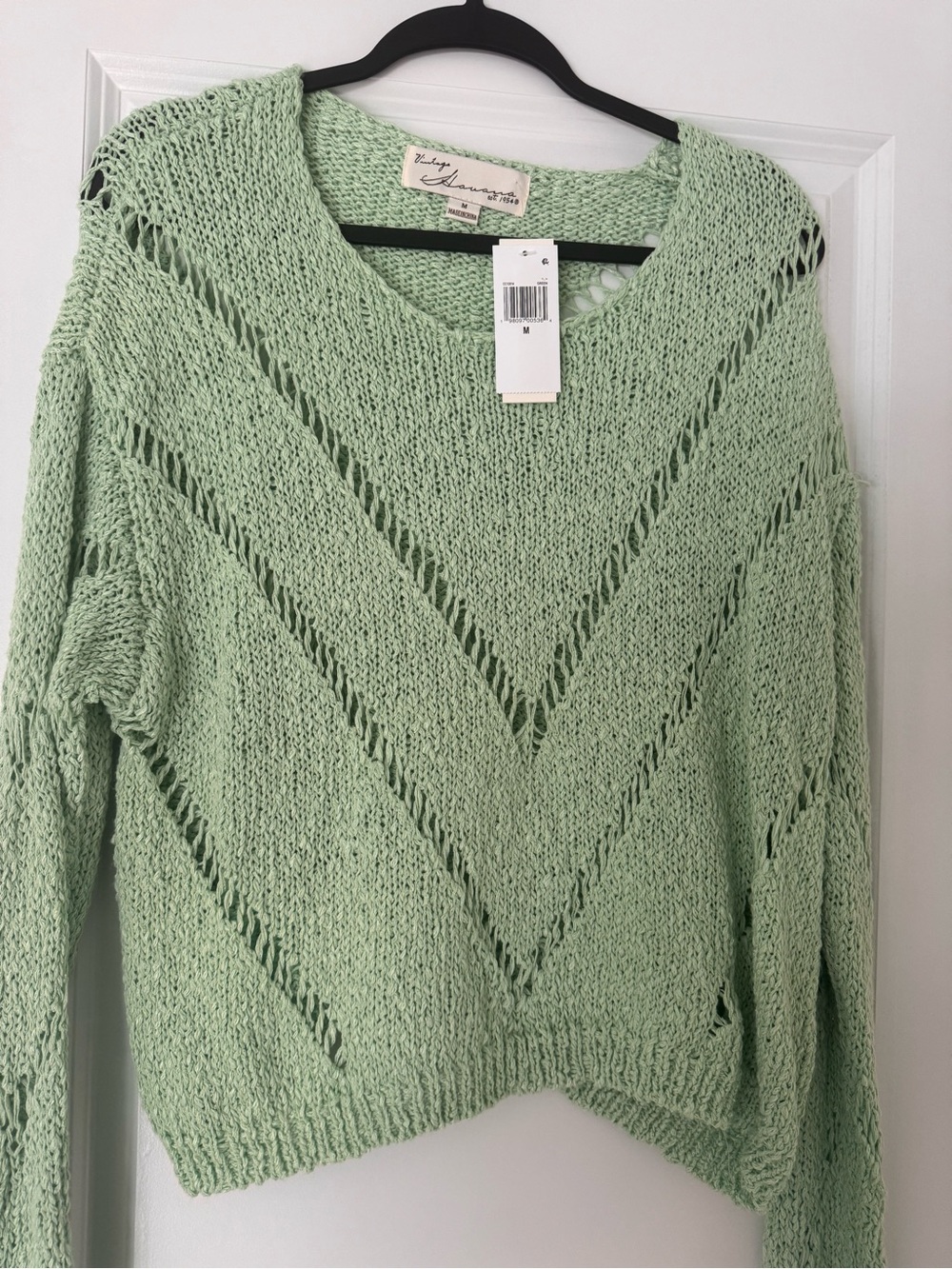 Vintage Havana Pastel Mint Open-Knit V-Pattern Sweater